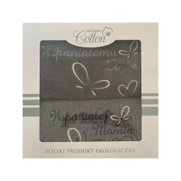 Komplet ręczników w pudełku 2 szt 50x100 Wspaniałej Mamie Wspaniałemu Tacie szary jasny grafitowy serduszka motylki