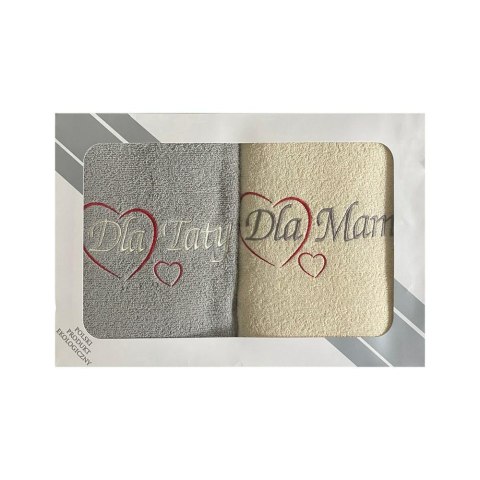 Komplet ręczników w pudełku 2 szt 70x140 Dla Mamy Dla Taty kremowy szary jasny serduszka