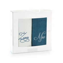Komplet ręczników w pudełku 2 szt Mąż Żona 70x130 szary jasny turkusowy na prezent