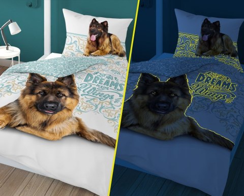 Pościel świecąca w ciemności 140x200 owczarek niemiecki 4023 A bawełniana Fluo 133