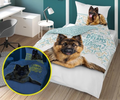 Pościel świecąca w ciemności 160x200 owczarek niemiecki 4023 A bawełniana Fluo 133