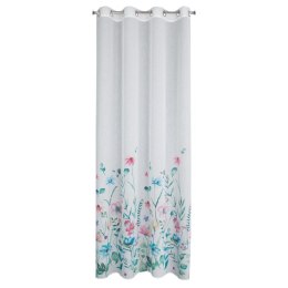 Zasłona 140x250 Lilian biała niebieska z półtransparentnej etaminy z nadrukiem malowanych pędzlem kwiatów gotowa na przelotkach 