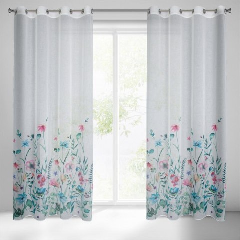 Zasłona 140x250 Lilian biała niebieska z półtransparentnej etaminy z nadrukiem malowanych pędzlem kwiatów gotowa na przelotkach 