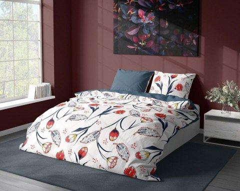 Pościel bawełniana 160x200 biała czerwona granatowa kwiaty 012 Fashion 23 Faro