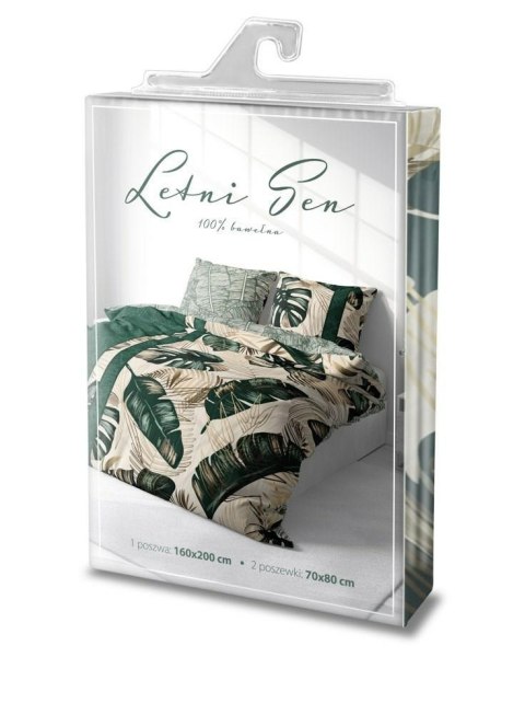 Pościel bawełniana 220x200 beżowa zielona liście monstera Letni sen 013 Faro