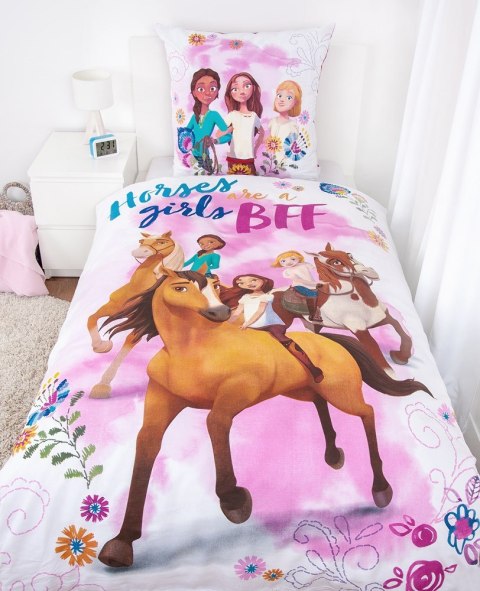 Pościel bawełniana 140x200 Spirit Konie najlepsze przyjaciółki dziewczynek różowa poszewka 70x90 H23