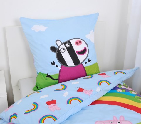 Pościel bawełniana 140x200 Świnka Peppa tęcza niebieska kolorowa poszewka 70x90 H23