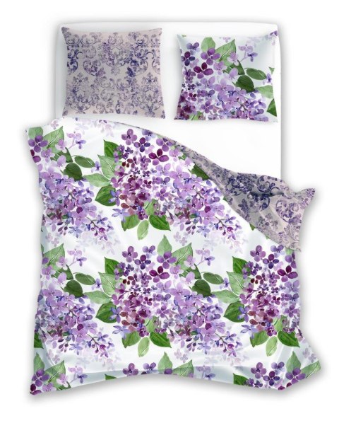 Pościel bawełniana 140x200 Cottage 008 kwiaty bez biała fioletowa poszewka 70x90 Faro