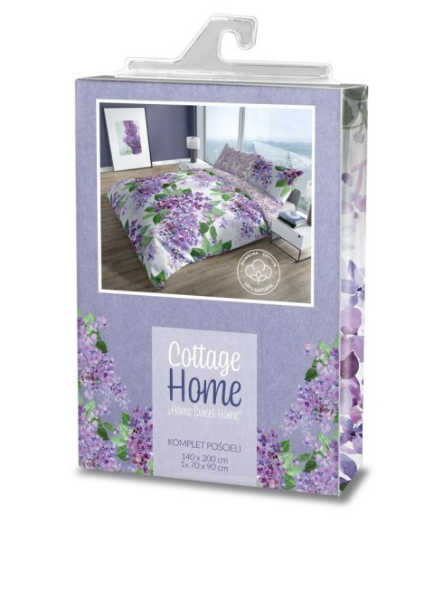 Pościel bawełniana 140x200 Cottage 008 kwiaty bez biała fioletowa poszewka 70x90 Faro