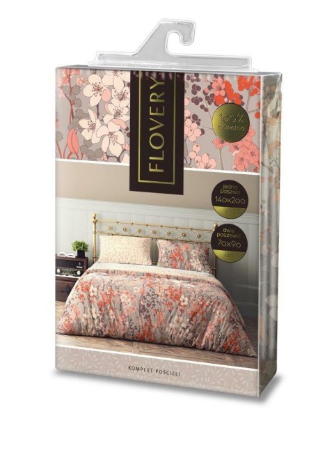 Pościel bawełniana 220x200 Flovery 003 kwiaty beżowa morelowa 23 Faro