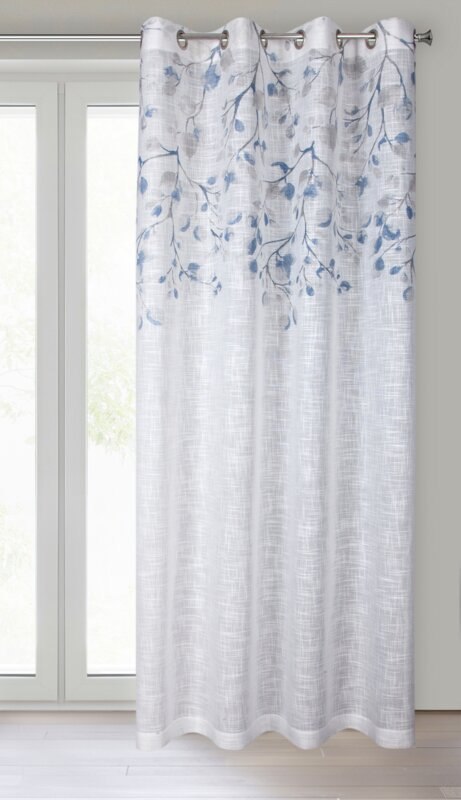 Zasłona 140x250 Ana biała granatowa z nadrukiem oraz z błyszczącą nitką gotowa na przelotkach Eurofirany