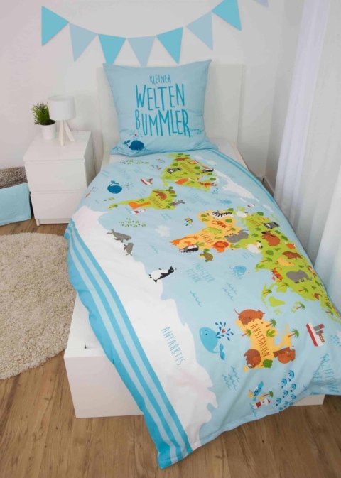 Pościel bawełniana 135x200 Mapa świata błękitna poszewka 80x80 H23