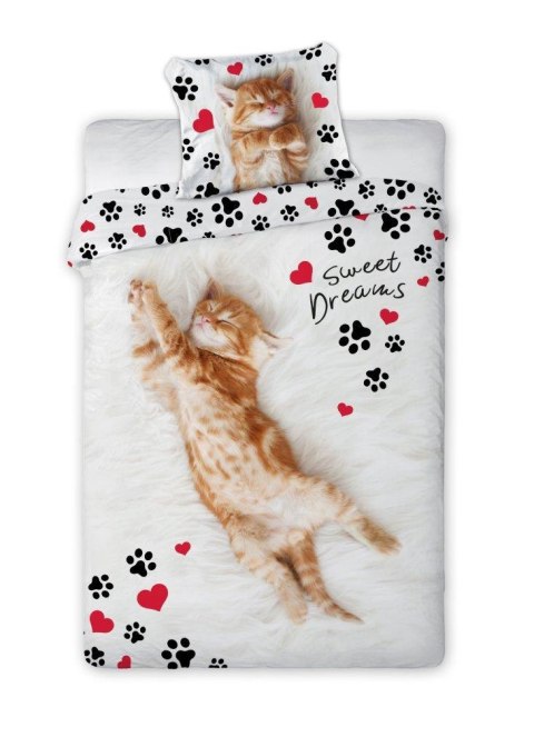 Pościel bawełniana 160x200 Kot biała czerwona czarna łapki 020 z jedną poszewką 70x80 młodzieżowa Faro 23