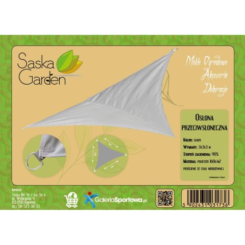 ŻAGIEL PRZECIWSŁONECZNY OGRODOWY TRÓJKĄT 3X3X3M SZARY