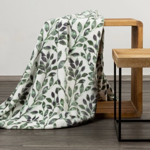 Koc narzuta z mikrofibry 150x200 Clarissa liście biały zielony D91