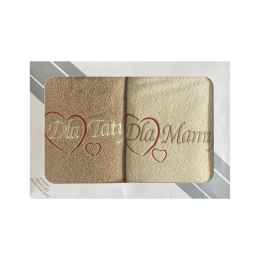 Komplet ręczników w pudełku 2 szt 70x140 Dla Mamy Dla Taty kremowy beżowy serduszka