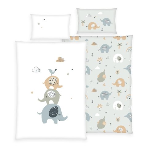 Pościel bawełniana 100x135 Słonie biała miętowa dziecięca do łóżeczka H24
