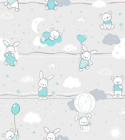 Poszewka bawełniana 40x60 55K misie zajączki szara turkusowa Kids 24