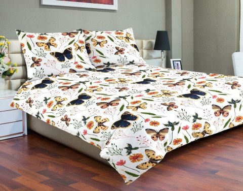 Pościel satynowa 160x200 motyle kolorowe biała 09A Premium