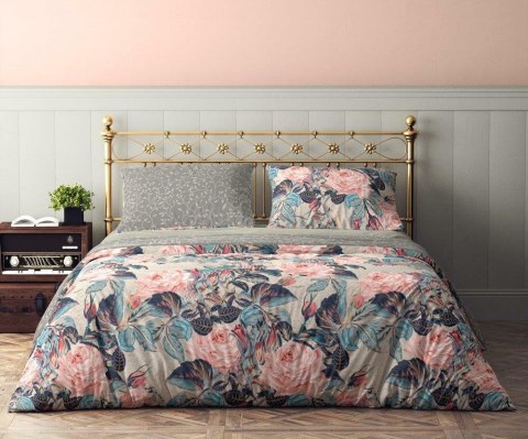 Pościel bawełniana 140x200 Flovery 001 kwiaty szara różowa z jedną poszewką 70x90 23 Faro