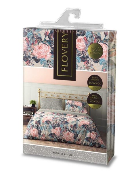Pościel bawełniana 140x200 Flovery 001 kwiaty szara różowa z jedną poszewką 70x90 23 Faro