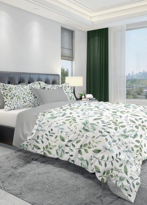 Pościel bawełniana 220x200 biała zielona szara listki gałązki 005 Fashion 23 Faro