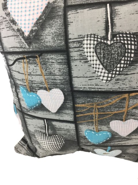 Poszewka z kory 50x60 1113E serca szara turkusowe serduszka obustronna