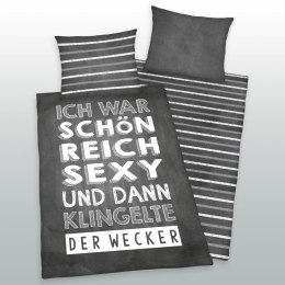 Pościel bawełniana 140x200 Napisy pasy szara biała poszewka 70x90 H24