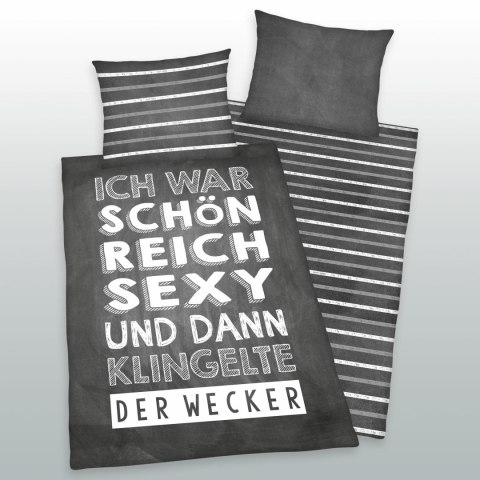 Pościel bawełniana 140x200 Napisy pasy szara biała poszewka 70x90 H24