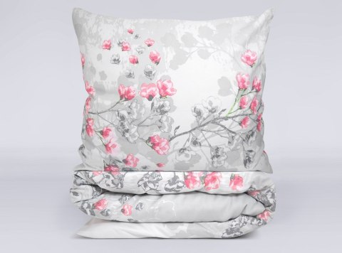 Pościel satynowa 140x200 Kyoto Gray szara różowa kwiaty z jedną poszewką Frotex 1