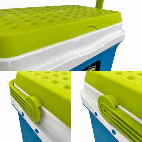 Lodówka turystyczna 29,5L KAMAI FIESTA na wkłady mrożące, błękitna z zieloną pokrywą i uchwytem