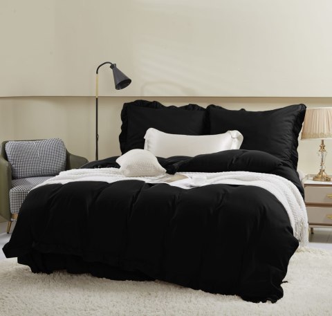 Pościel z mikrofibry 140x200 Ruffy czarna z falbanką I24