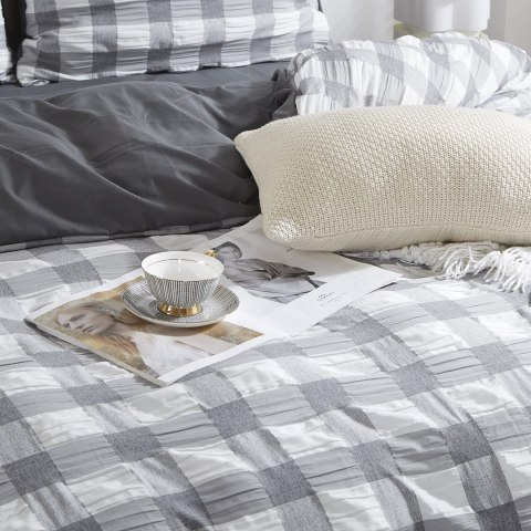 Pościel z mikrofibry 140x200 Creasy grafitowa kratka marszczona I24