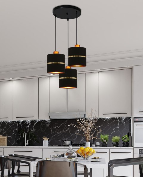 Assam lampa wisząca talerz czarny+złoty 3x60W E27 abażur czarny+złoty pasek