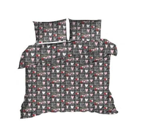 Pościel bawełniana 160x220 617E Serca Szara różowe