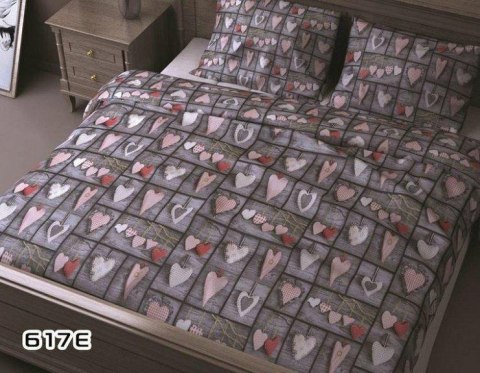 Pościel bawełniana 160x220 617E Serca Szara różowe