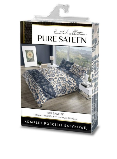 Pościel satynowa 160x200 Pure Sateen 008 kremowa niebieska kwiaty Faro