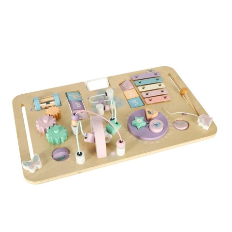 Tablica manipulacyjna LULILO LUDO stolik drewniany sensoryczny 2w1 różowy