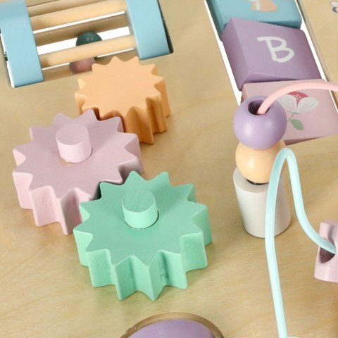 Tablica manipulacyjna LULILO LUDO stolik drewniany sensoryczny 2w1 różowy