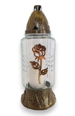 ZNICZ SZKLANY Z WKŁADEM ZŁOTA RÓŻA NA CMENTARZ 30cm