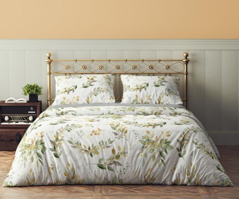 Pościel bawełniana 160x200 Flovery 008 Liście biała zielona 23 Faro