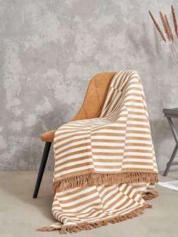 Koc bawełniany akrylowy 150x200 2147/3 Plażowe paseczki beżwowy narzuta pled wykończony frędzlami SG