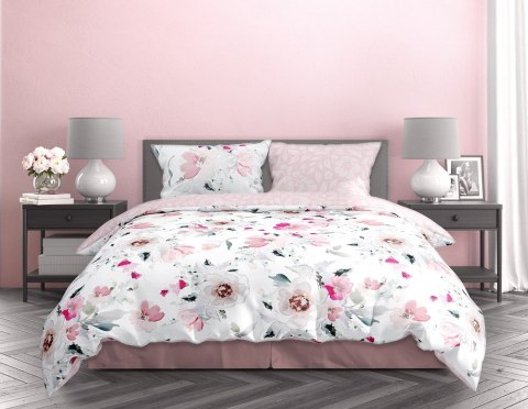 Pościel satynowa 140x200 Milargo Verde 003 biała różowa kwiaty z jedną poszewką Faro