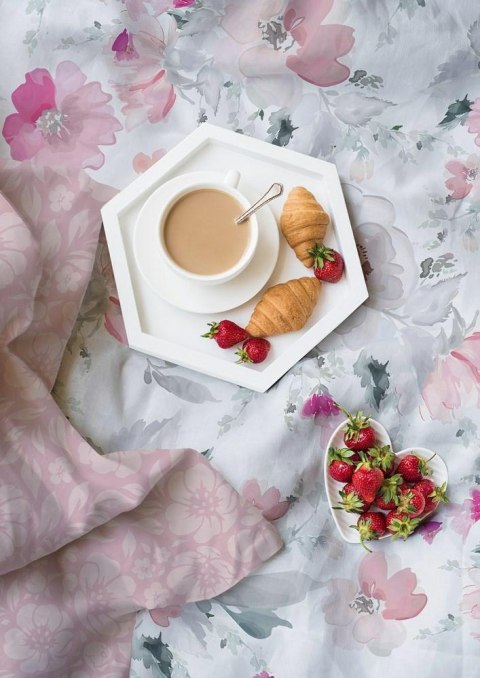 Pościel satynowa 140x200 Milargo Verde 003 biała różowa kwiaty z jedną poszewką Faro