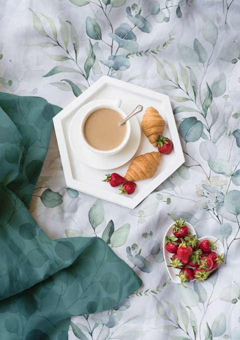 Pościel satynowa 140x200 Milargo Verde 006 biała zielona liście z jedną poszewką Faro