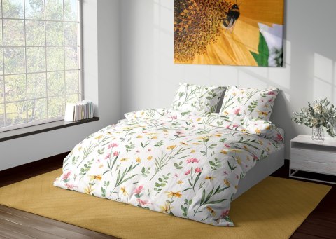 Pościel satynowa 220x200 Milargo Verde 002 biała kolorowa kwiaty Faro