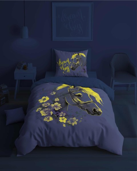 Pościel świecąca w ciemności 140x200 Koń kwiaty różowa biała 5212 A Fluo 40