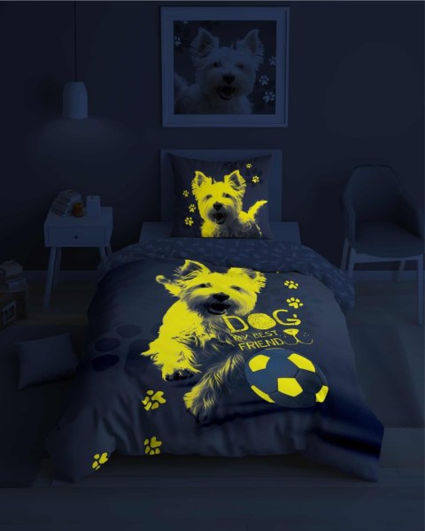 Pościel świecąca w ciemności 140x200 Pies piłka grafitowa szara biała 5205 A Fluo 40