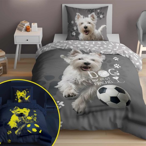 Pościel świecąca w ciemności 140x200 Pies piłka grafitowa szara biała 5205 A Fluo 40