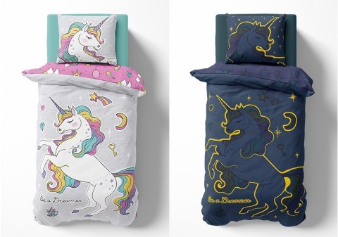Pościel świecąca w ciemności 160x200 jednorożec wesoły 4031 A bawełniana Fluo 133